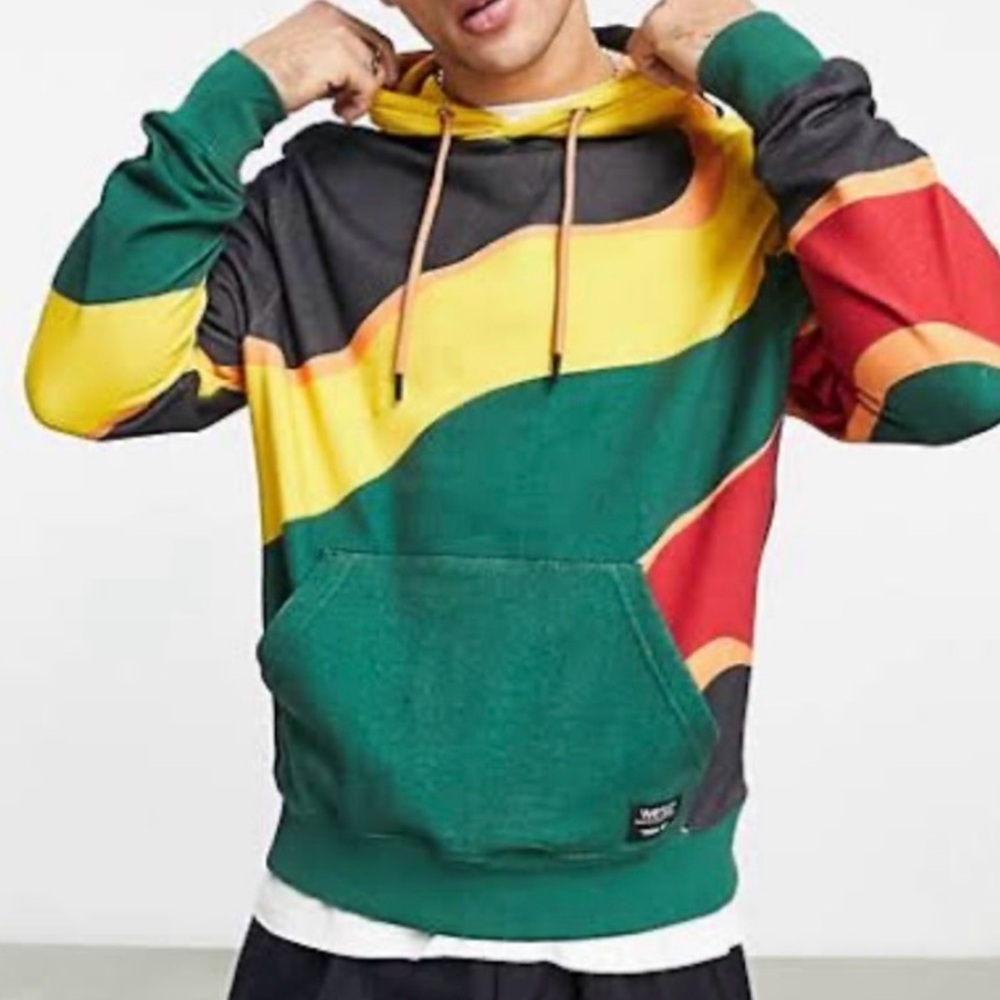 WESC Mike Topography Hoodie in Green & Yellow Abstract‎ Stripe Print. Medium.